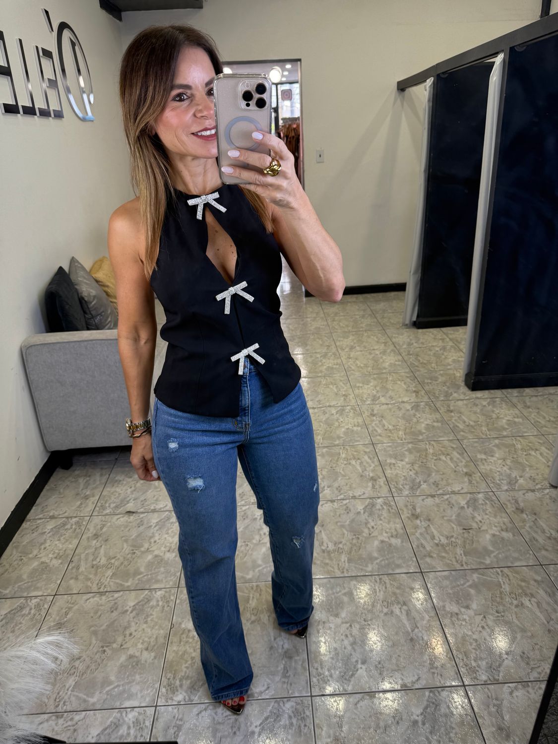 Black or Burgundy Bow Detail Top