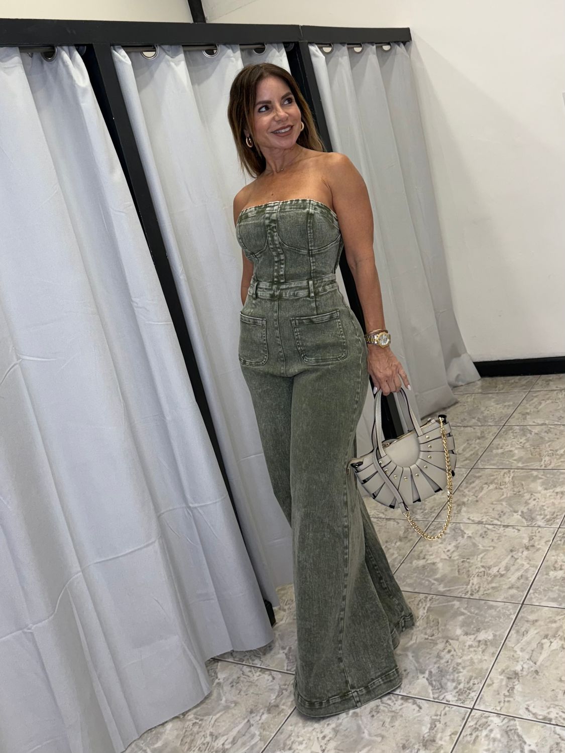 Olive Tube Denim Jumpsuit