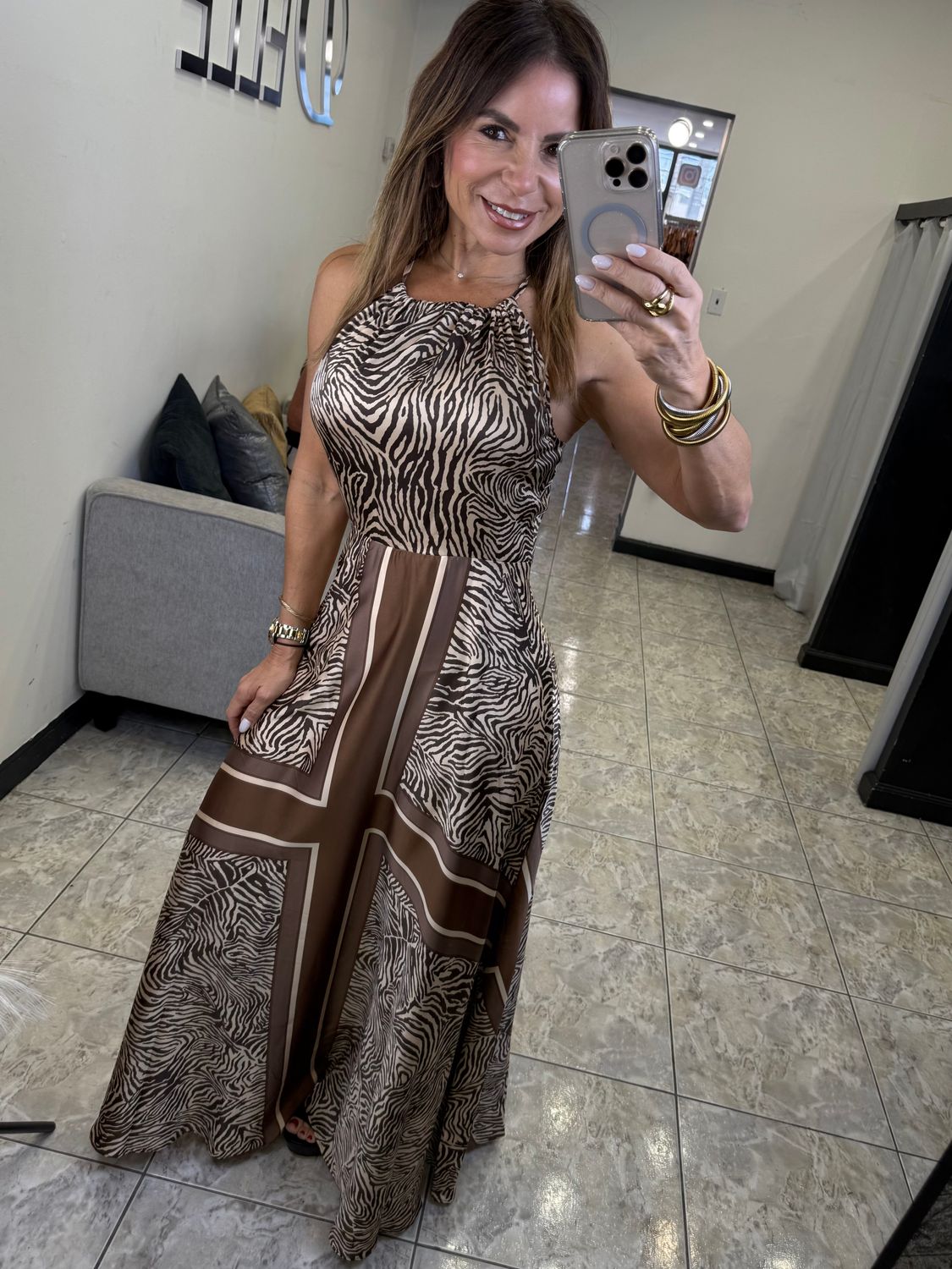 Brown Multi Halter Maxi Dress