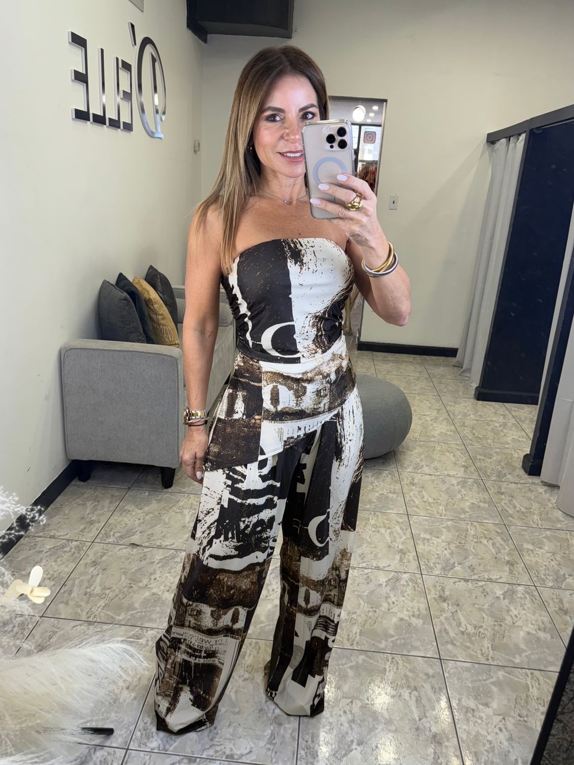  Brown Multi Strapless Top And Pants Set