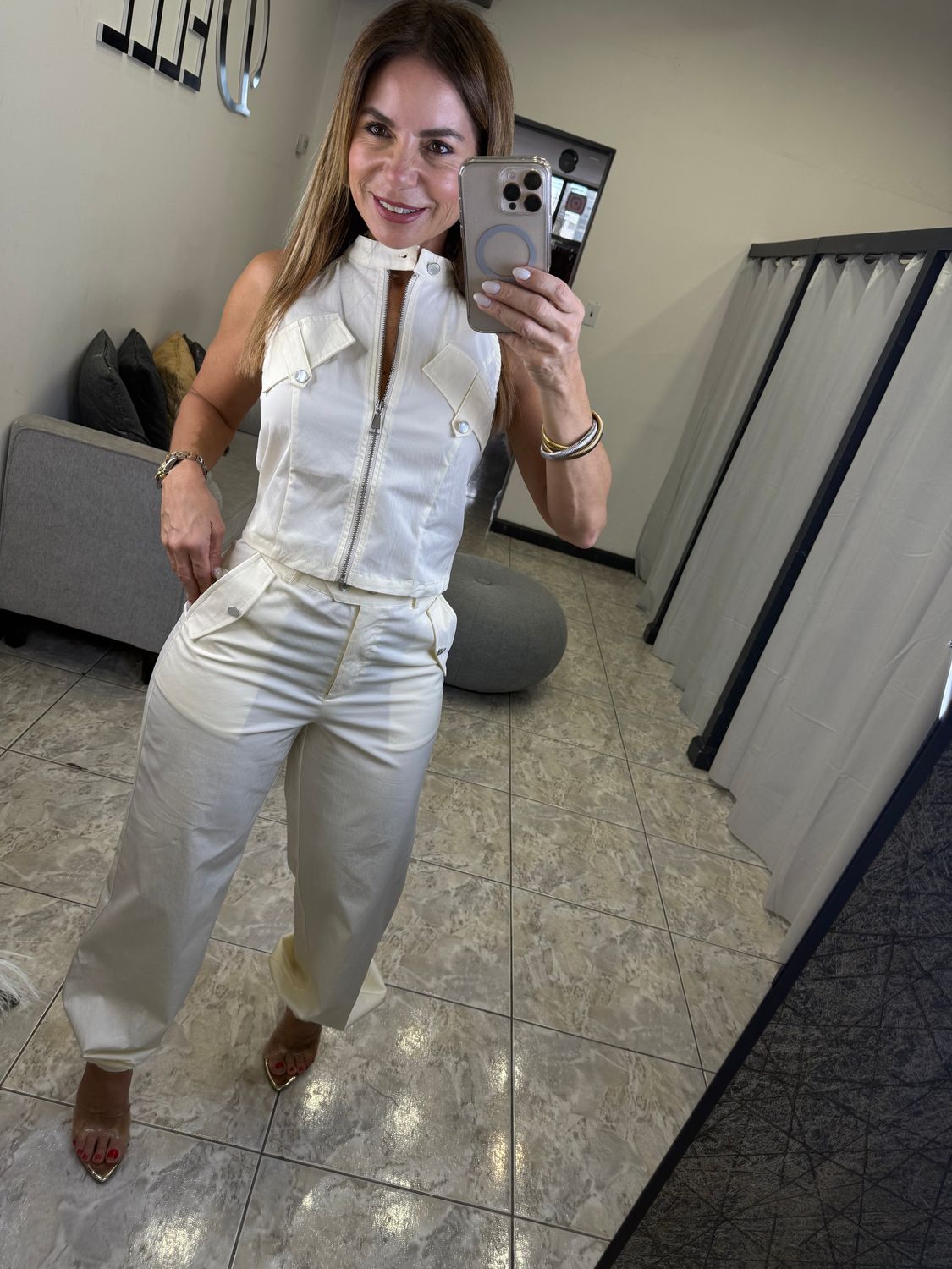 Ivory Sleeve Less Top And Pants Set