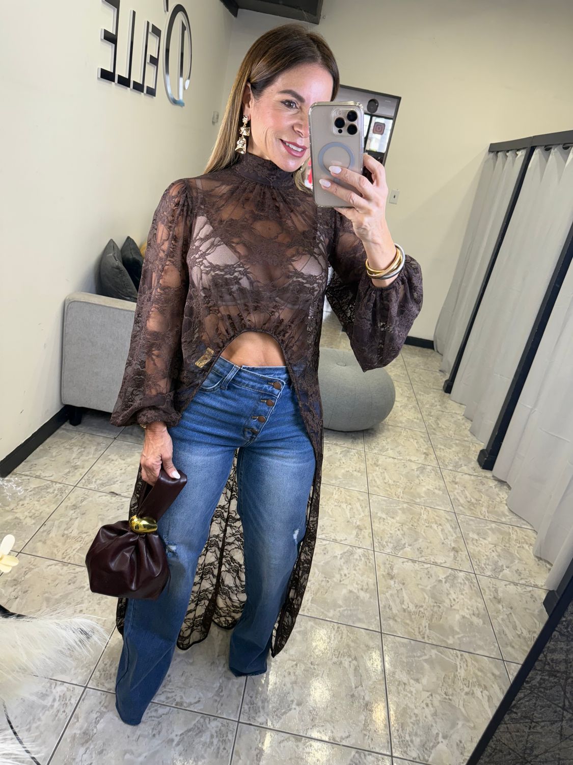 Chocolate Or Black High Low Long Sleeves Lace Top.