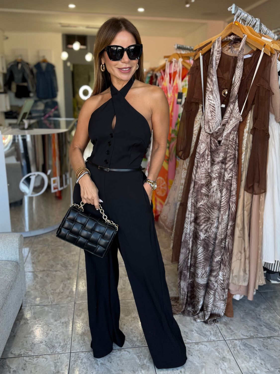 Black Halter Button Down Belted Jumpsuit 