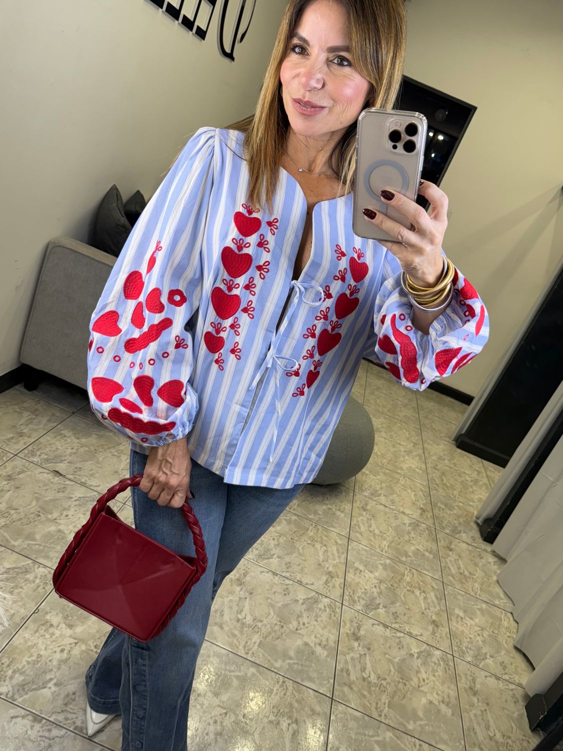Blue Striped Red Detail Top