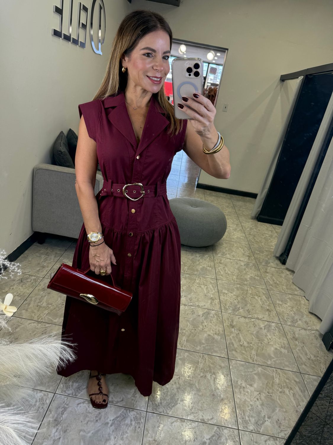 Burgundy Buttons-Down Maxi Dress W/Belt