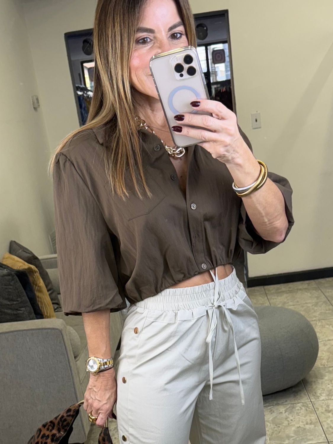 Chocolate Or Olive 3/4 Sleeves Cropped Top