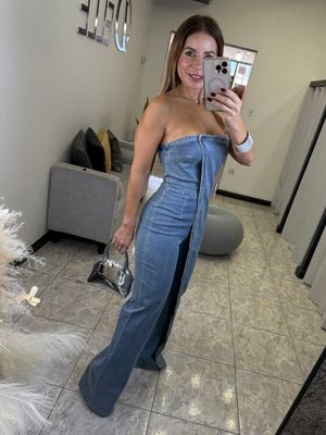 Denim Strapless Rhinestones Trim Jumpsuit 