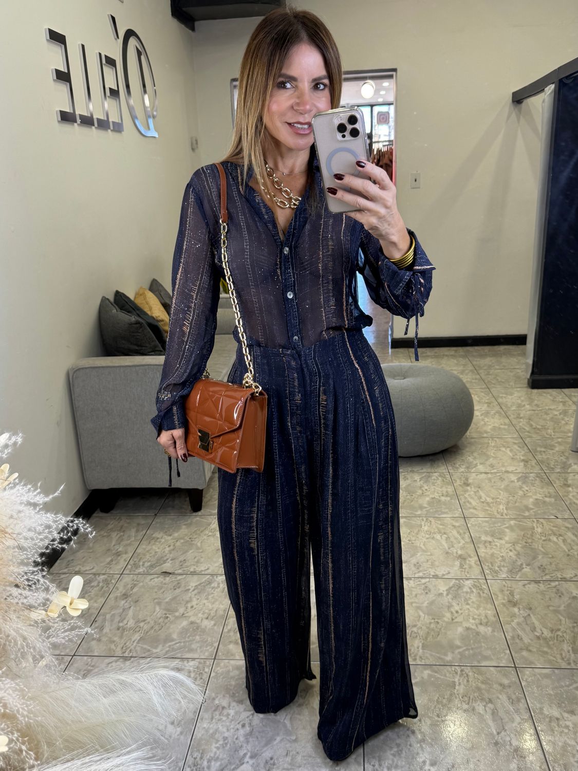 Navy Printed Sheer Pants Set