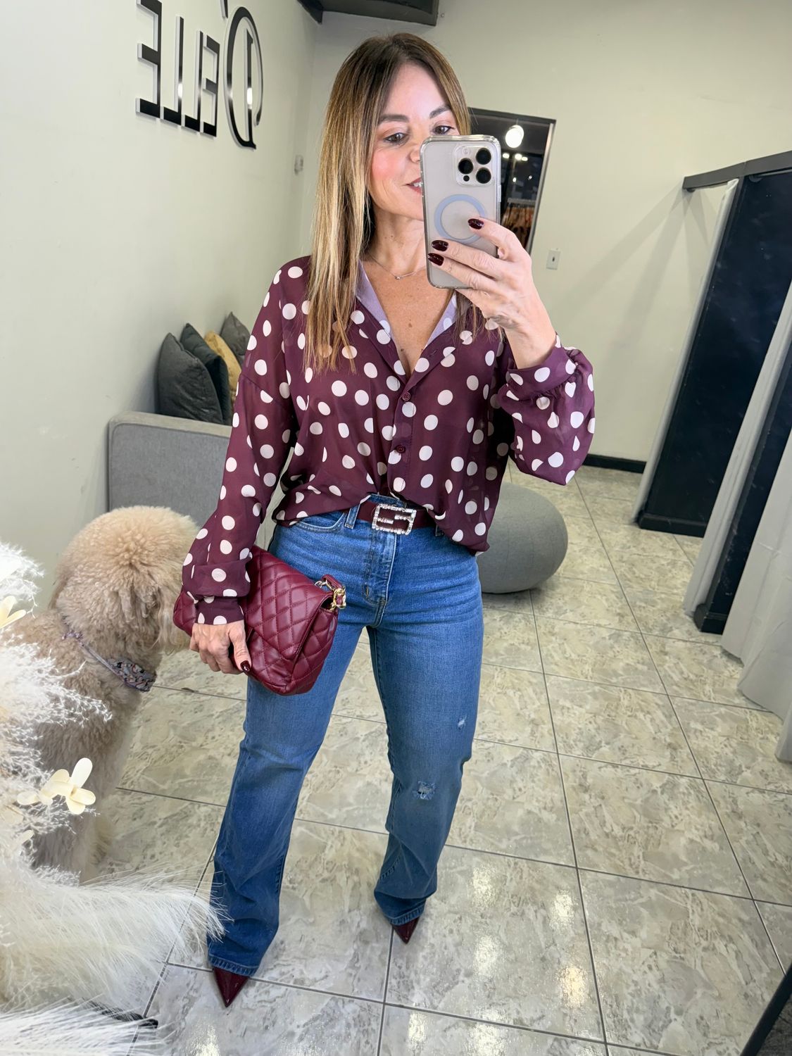 Burgundy, Green, Black Or Mocha Polka Dots Top