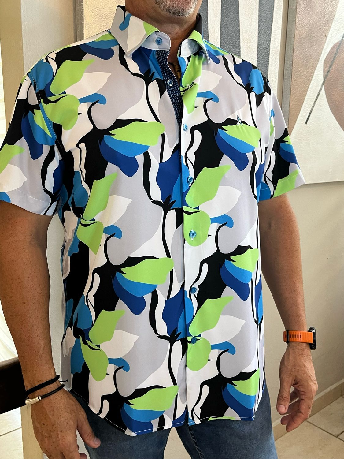 Men Abstract Green, Blue And Grey Top