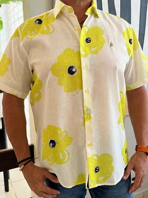 Men Cream/Yellow Linen Top