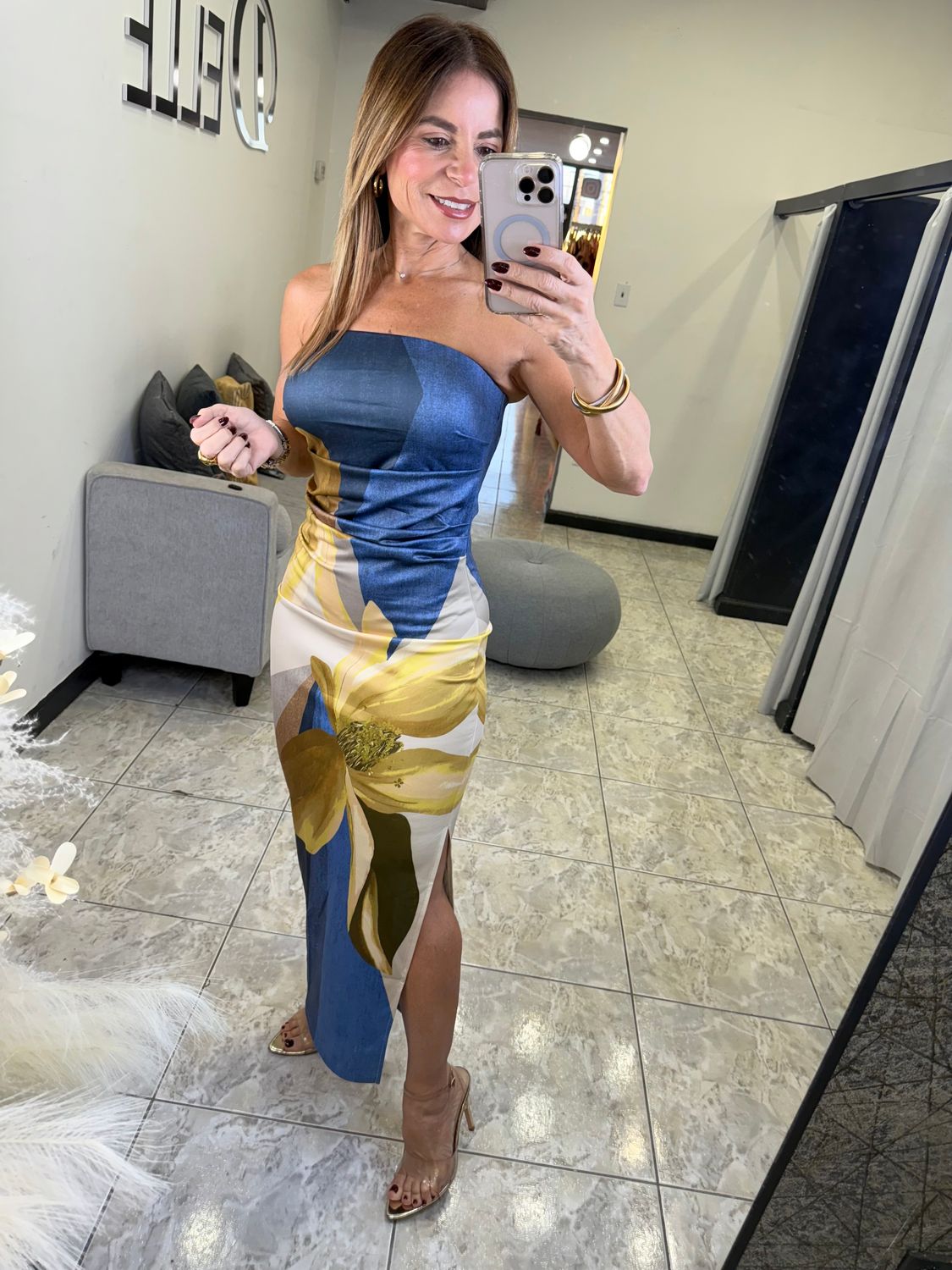 Blue Multi Strapless Dress