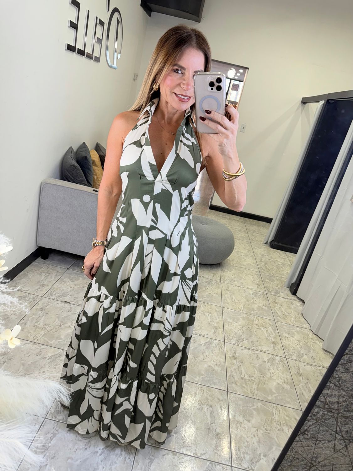 Olive Leaf Print Halter Maxi Dress