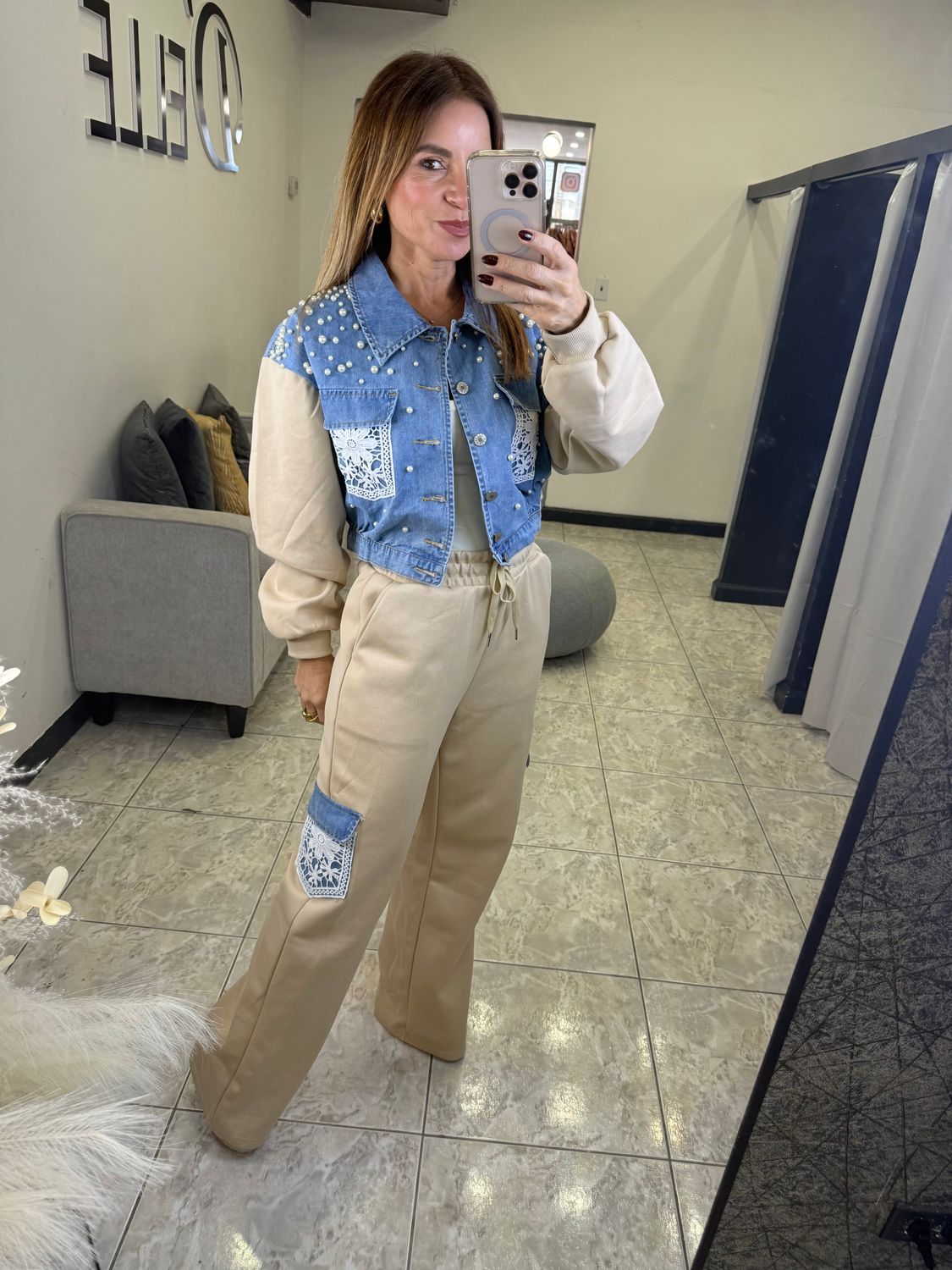 Beige  Denim Detail  Pants And Jacket Travel Set