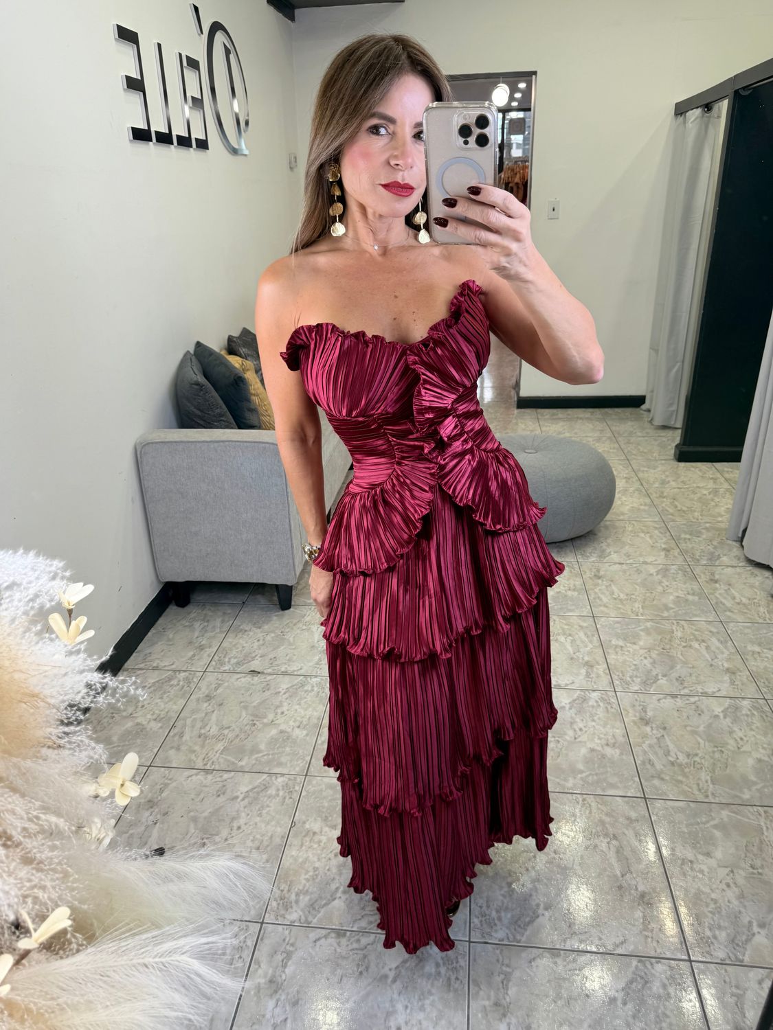 Burgundy Satin Ruffle Midi Dress