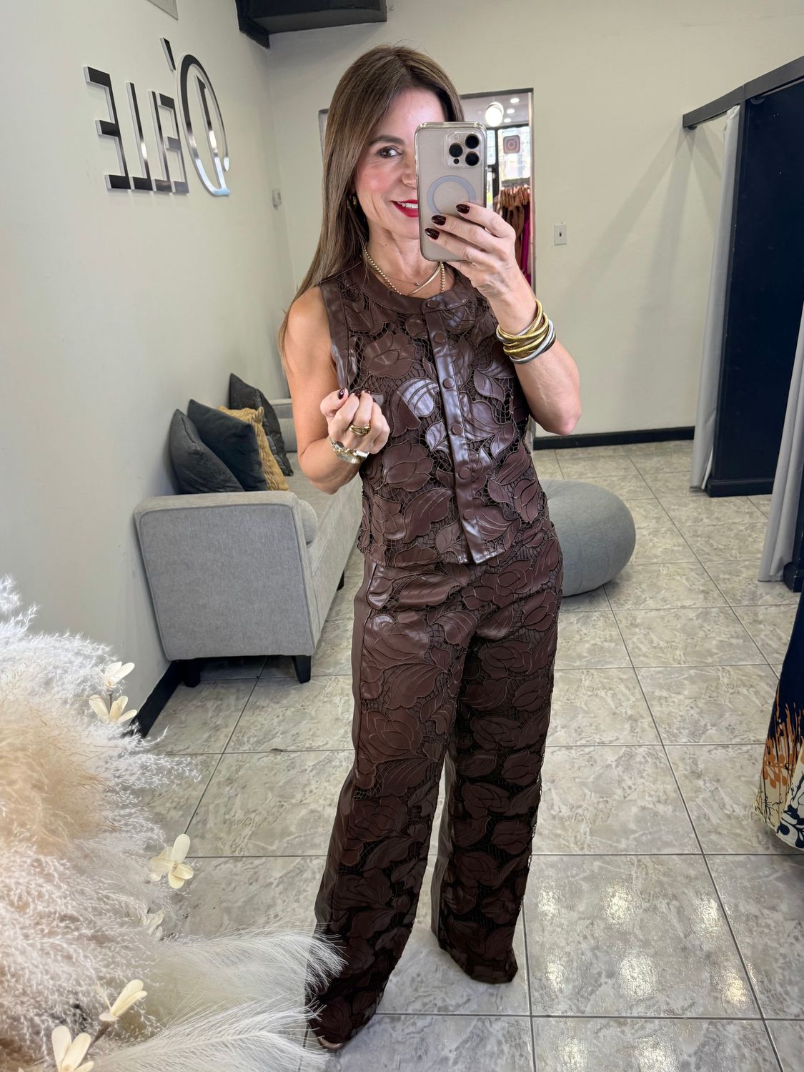 Brown Pu Leather Vest And Pants Set