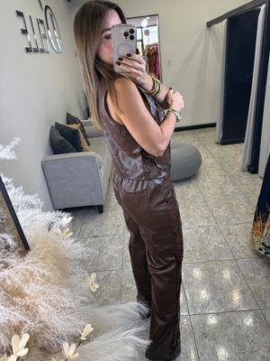 Brown Pu Leather Vest And Pants Set