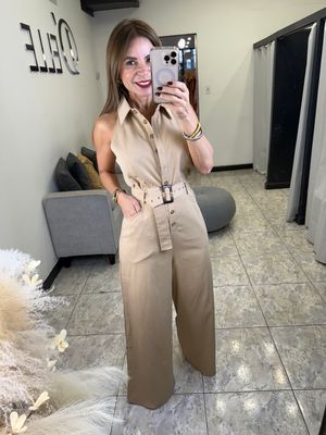Taupe Or Black Sleeveless Button Down Jumpsuit 