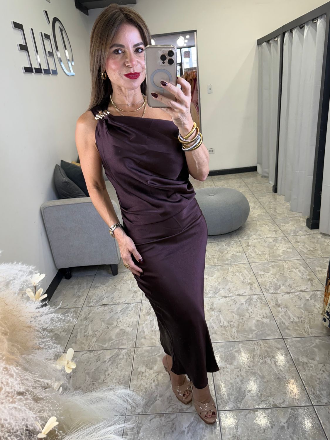 Burgundy Or Olive Satin Midi Dress