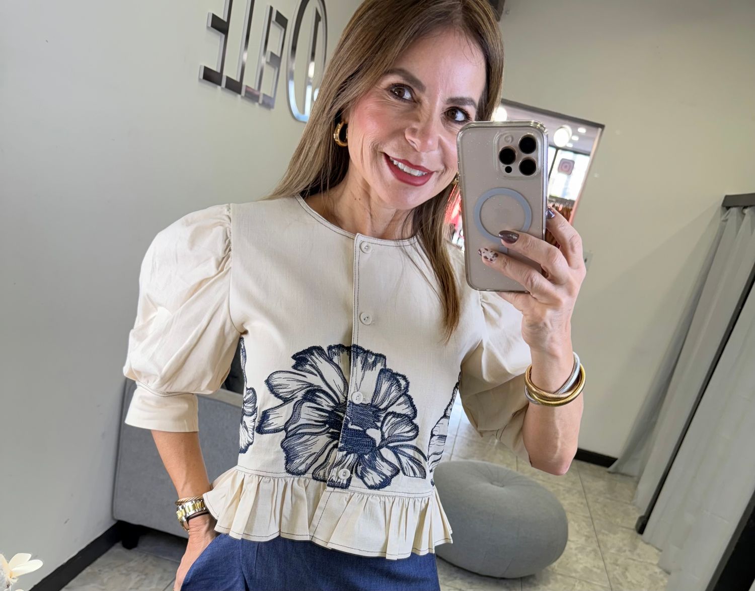 Cream Beige Navy Detail Top