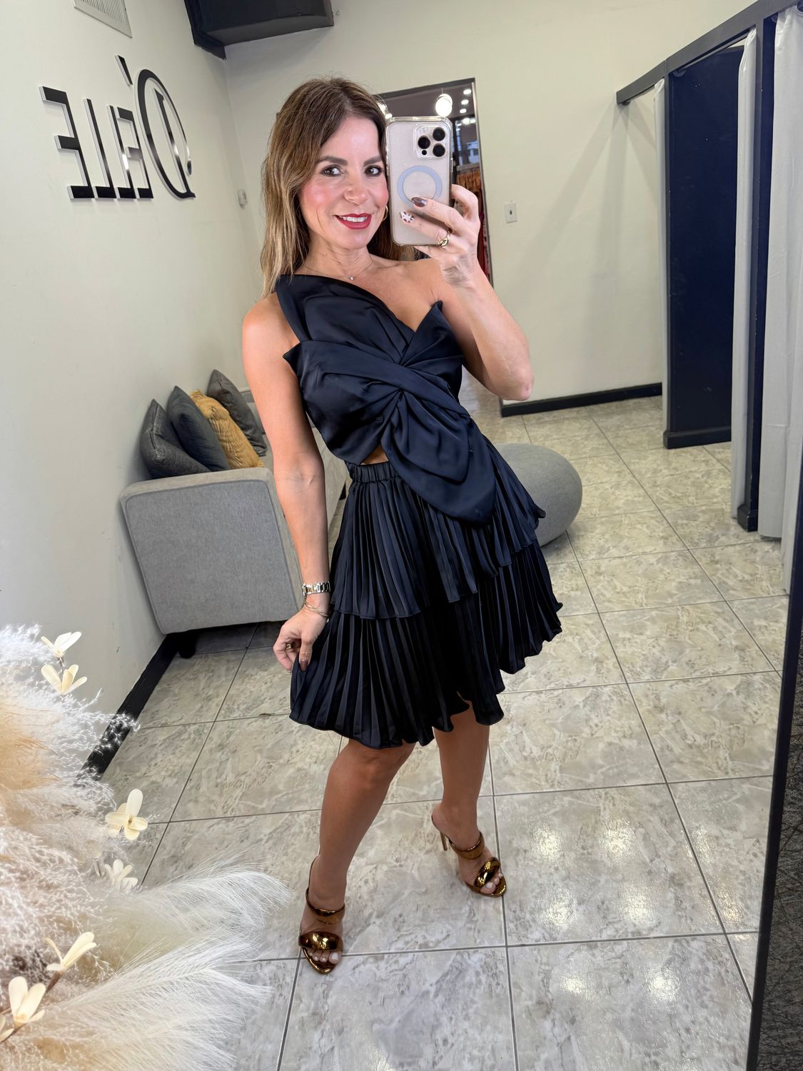 Black Flower Bow Satin Dress