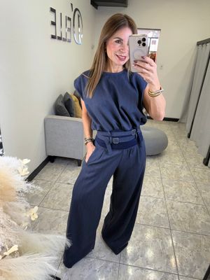 Navy Blue Crop Top And Pants Set