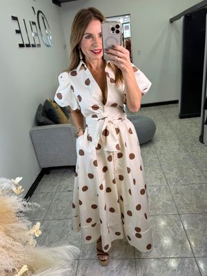 Cream Polka Dots Bubble Sleeves Maxi Dress