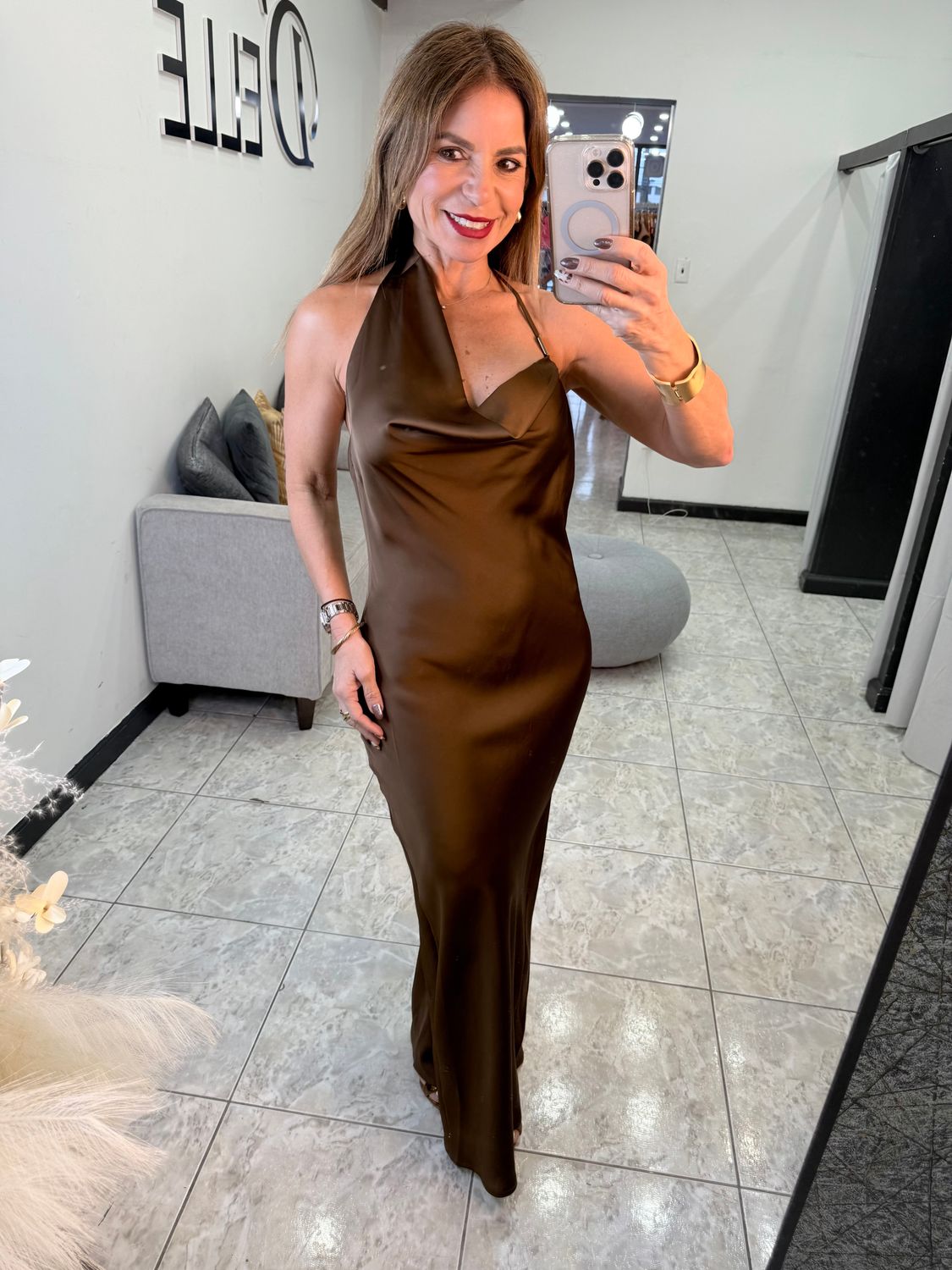 Brown Asymmetric Halter Satin Dres