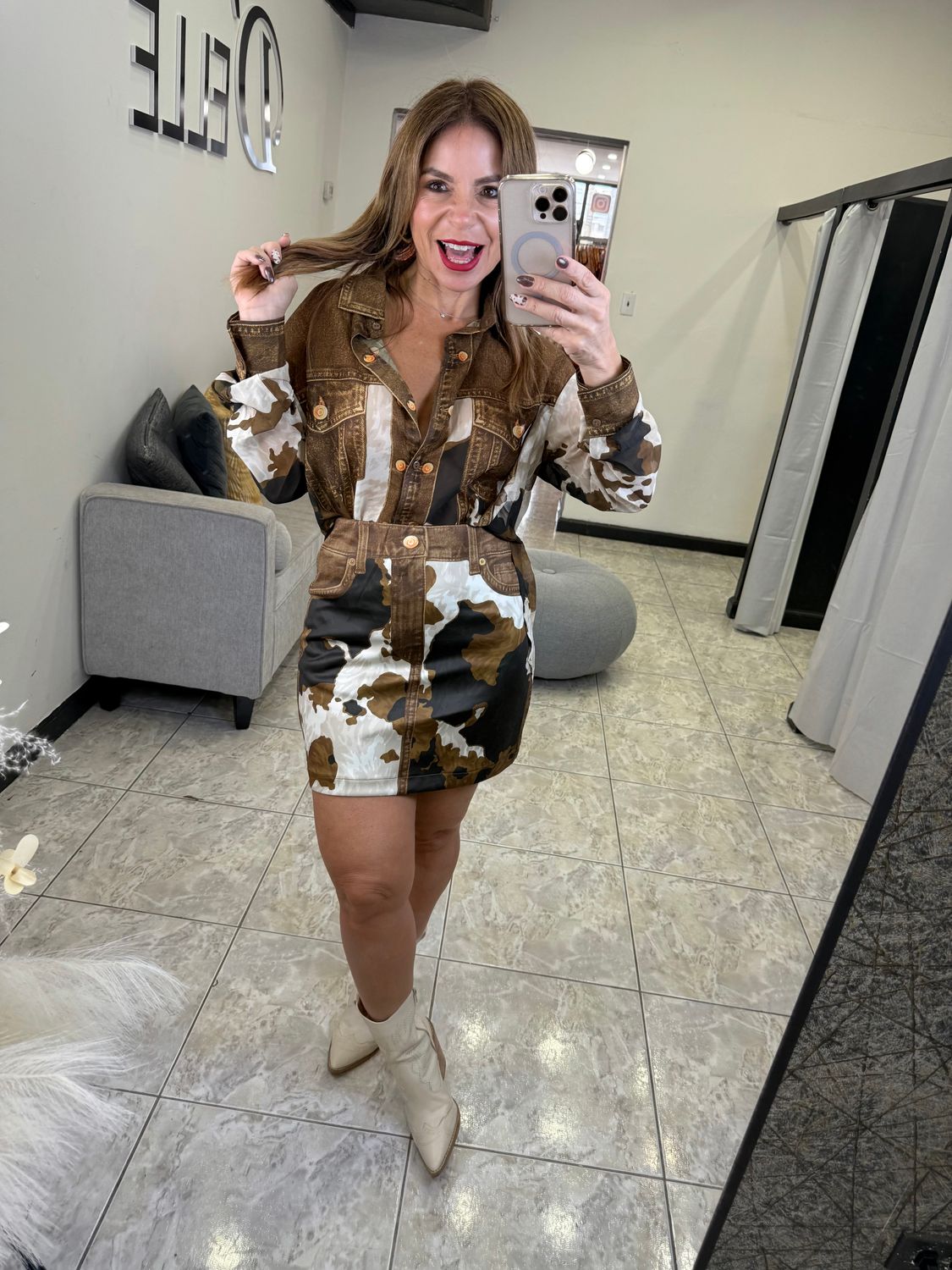 Brown Cow Print Long Sleeves And Skirts Set 