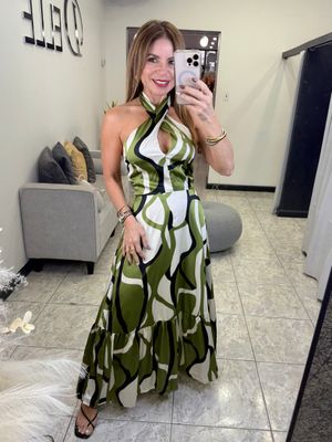 Olive Printed Halter Maxi Dress