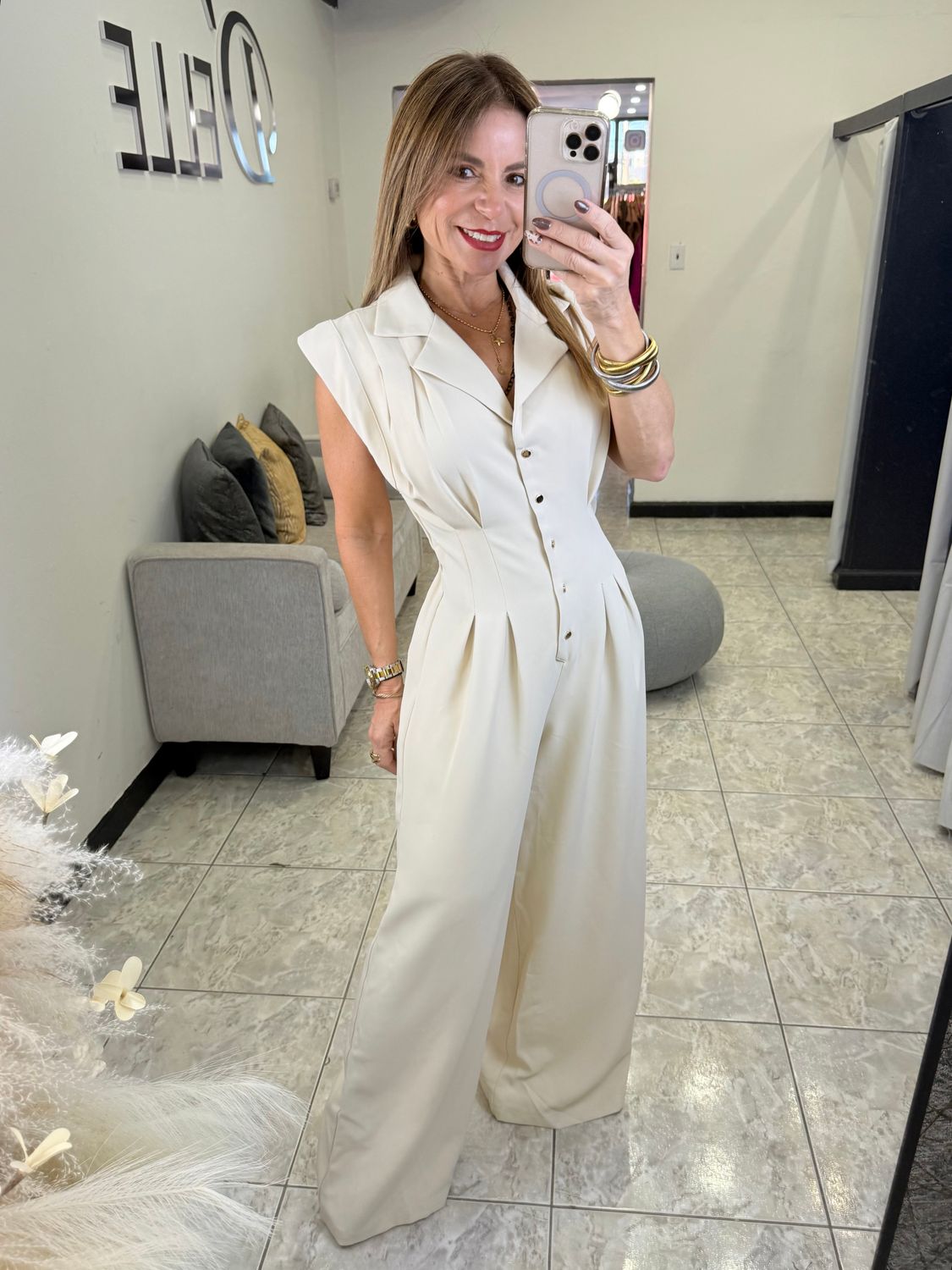 Light Beige Button Down Jumpsuit 