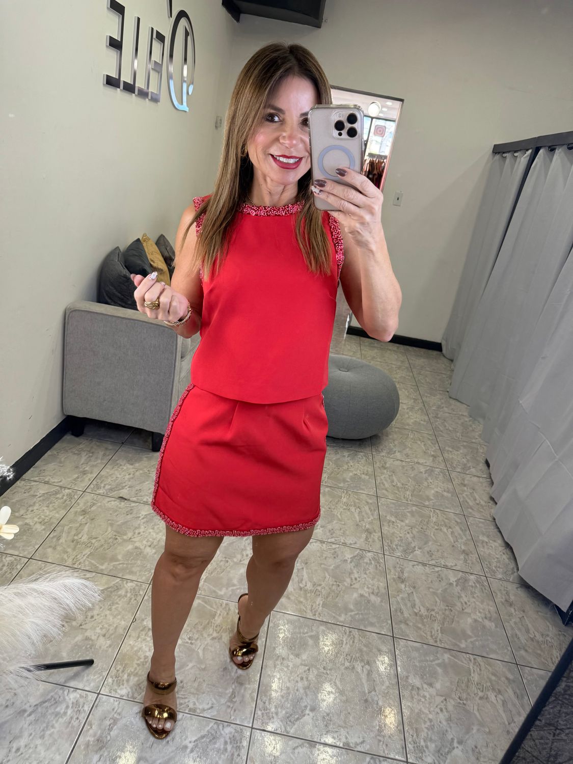 Apple Red Beads Skirt Set