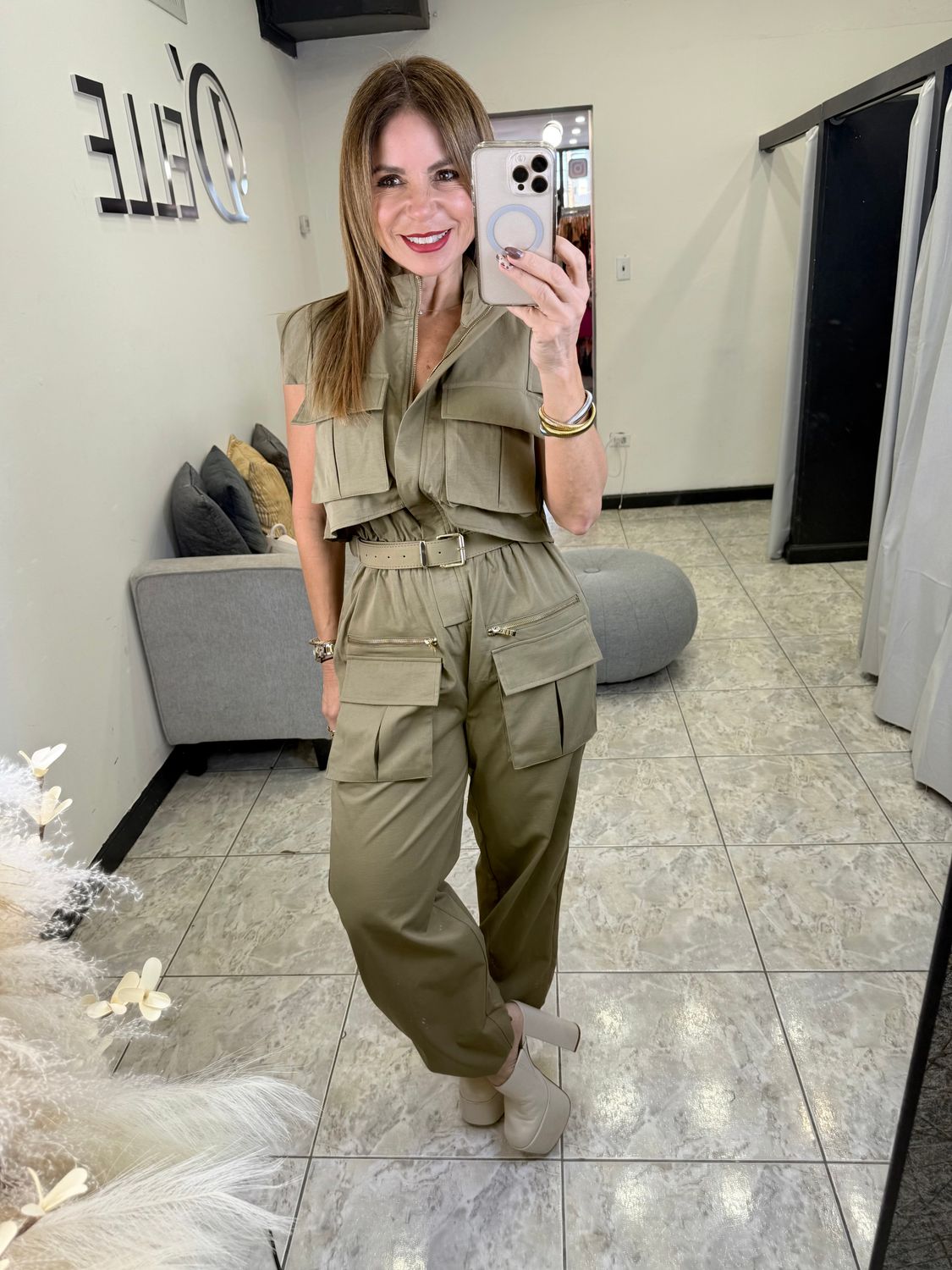 Olive Utility Pocket Belted Jumpsuit 