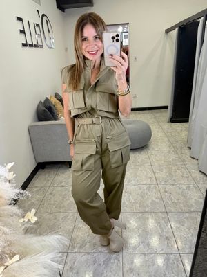 Olive Utility Pocket Belted Jumpsuit 