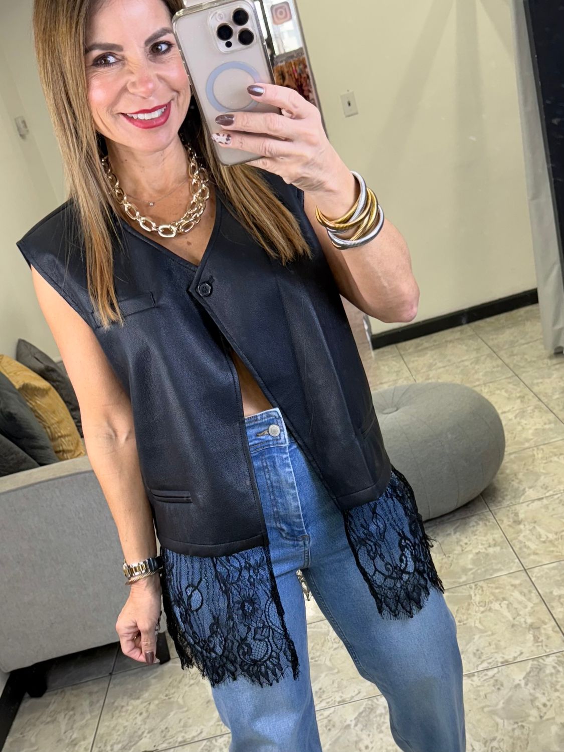 Black Or Brown Lace Detail Leather Vest