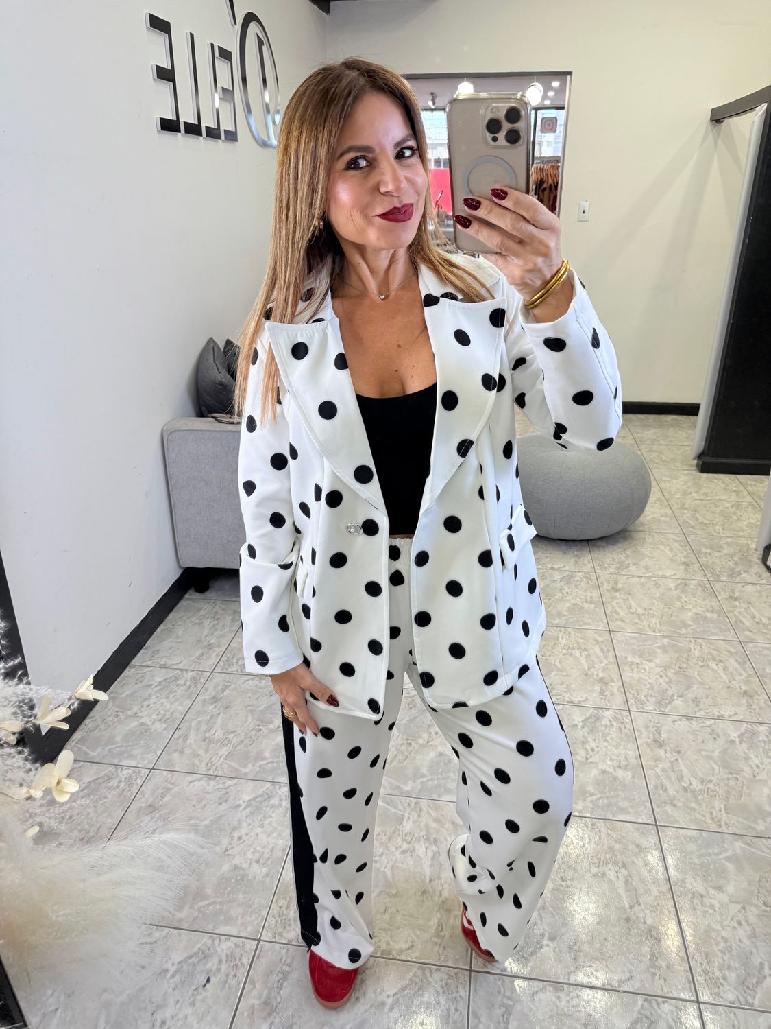 White Polka Dots Blazer And Pants Set