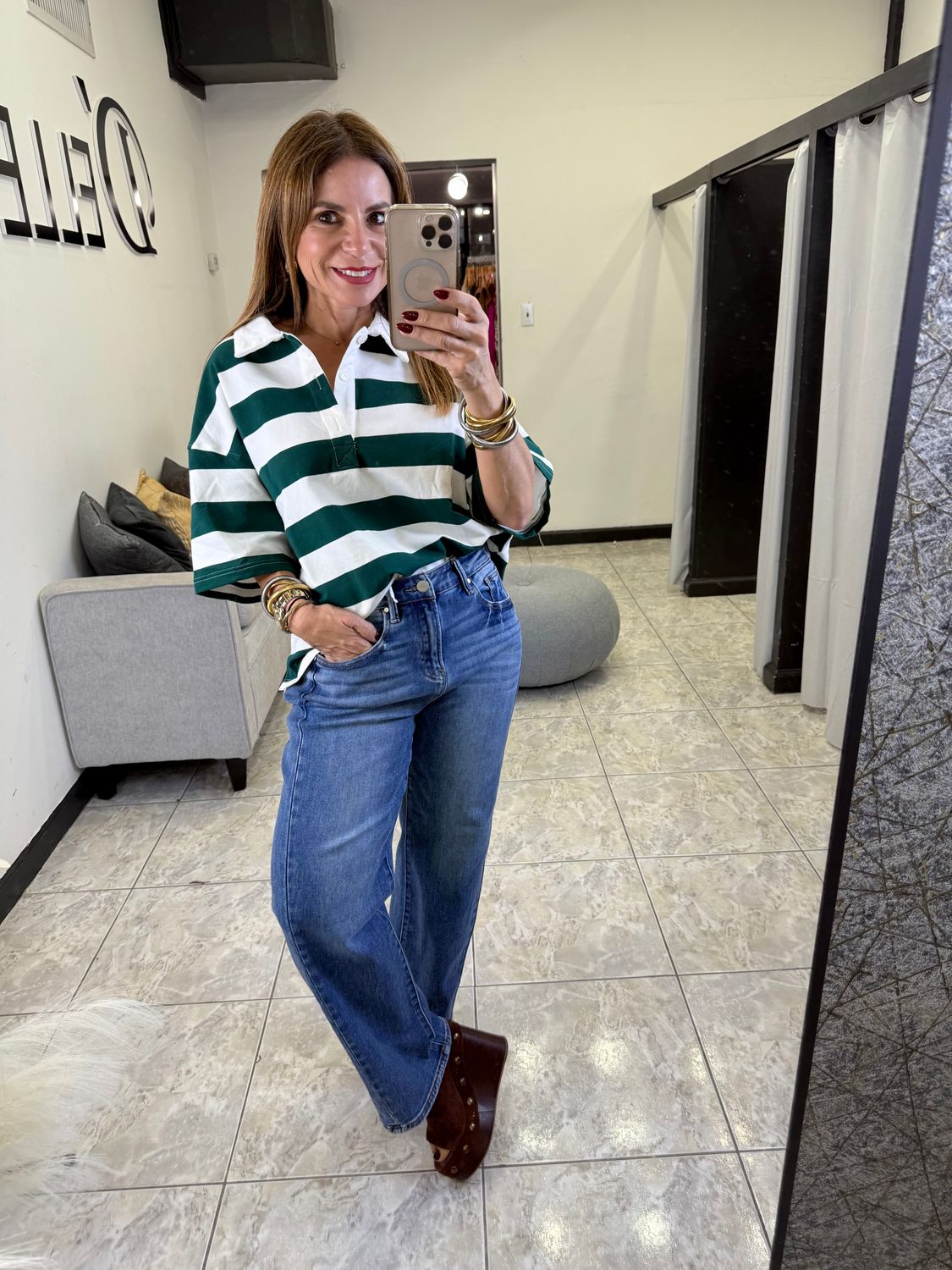 Ivory/Green Knit Top