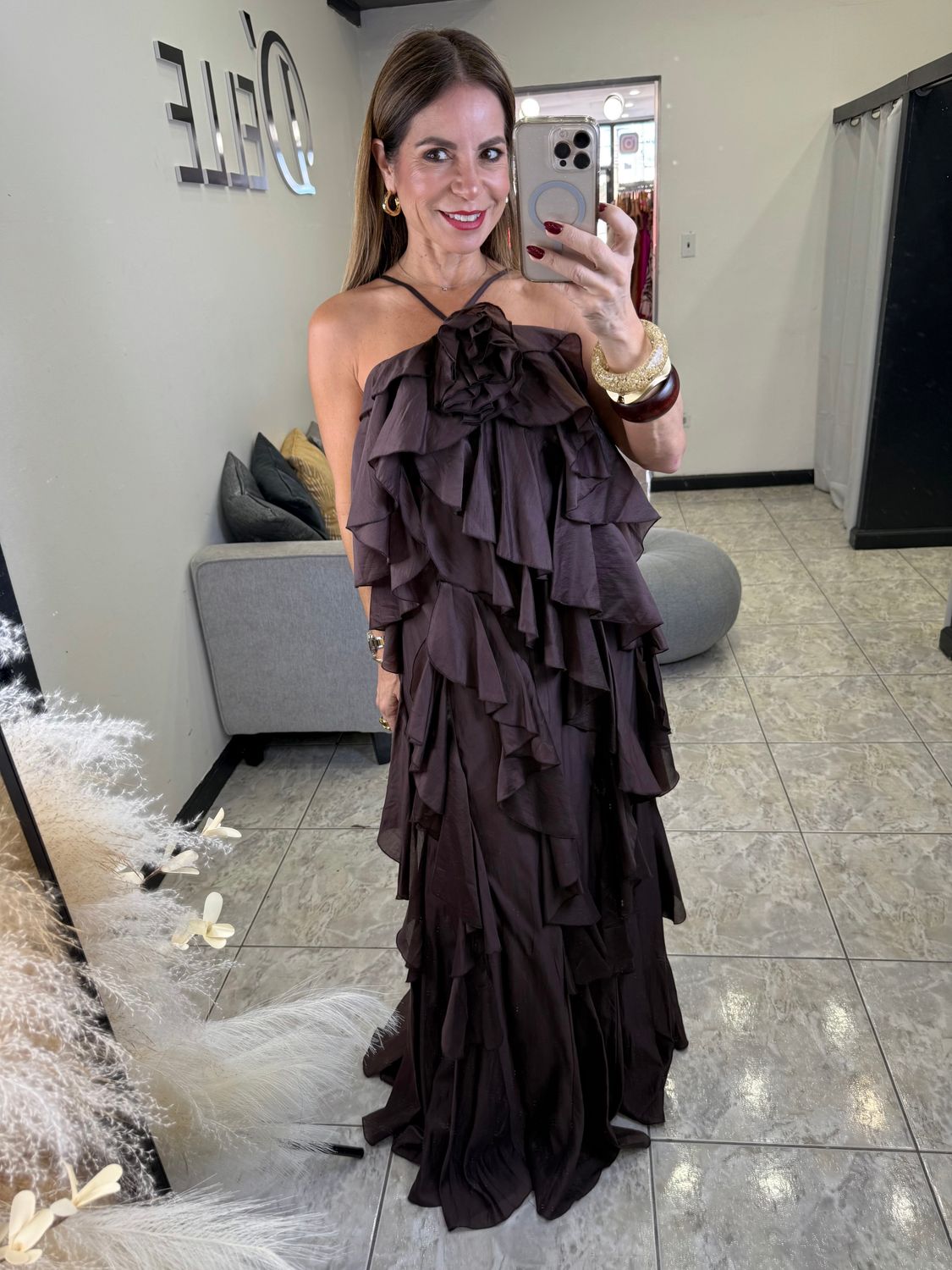 Choco Spaguetti Straps Ruffles Maxi Dress