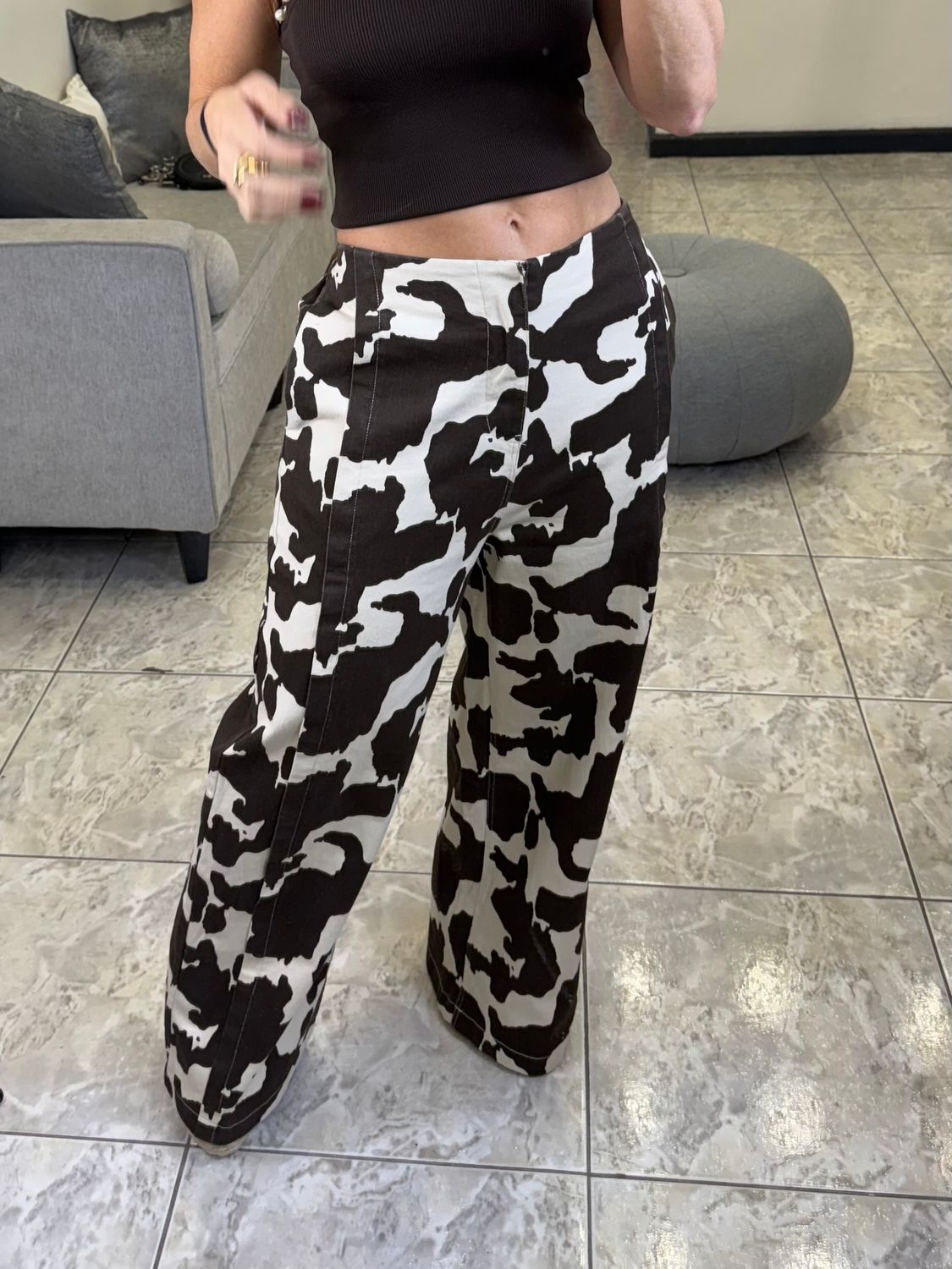 Brown Cow Print Wide Leg Pants