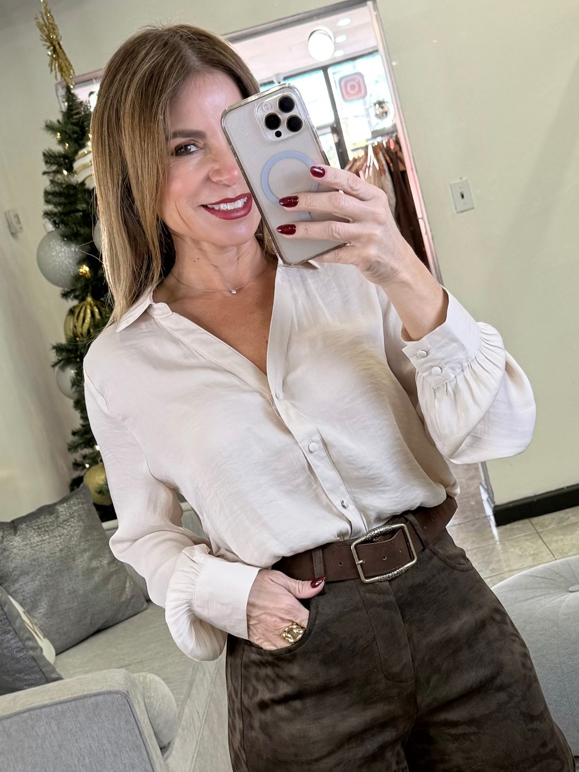 Beige Satin Long Sleeve Blouse 