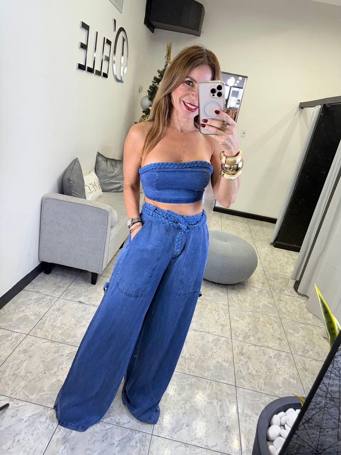 Medium Denim Tie Detailed Pants And Crop Top Set
