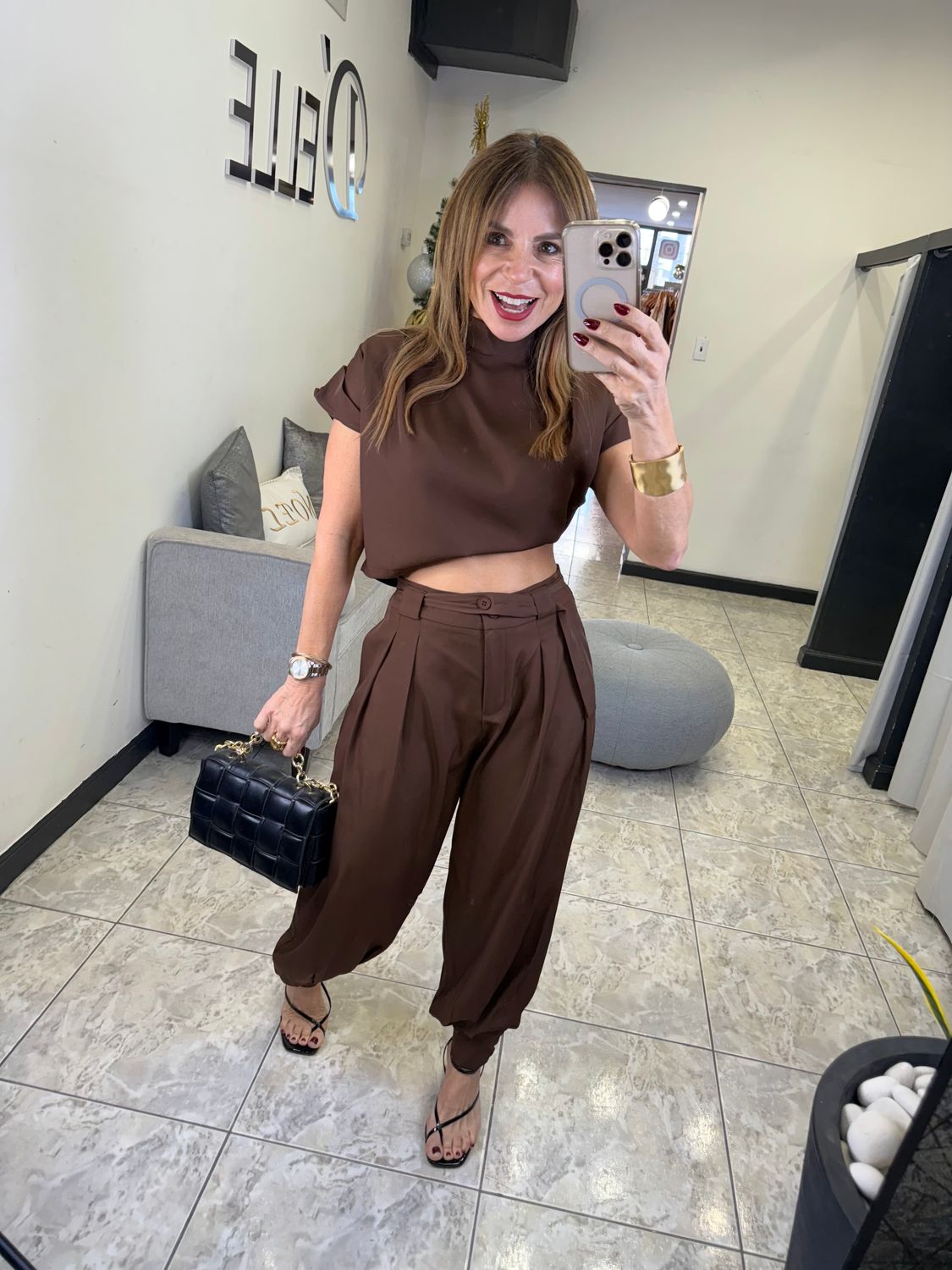 Brown Or Black Aladdin Pants And Crop Top Set