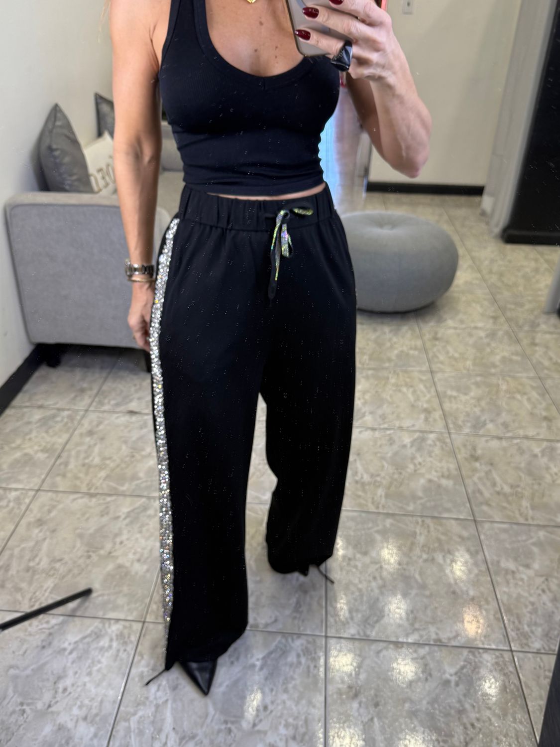 Black Rhinestones Side Detail Pants