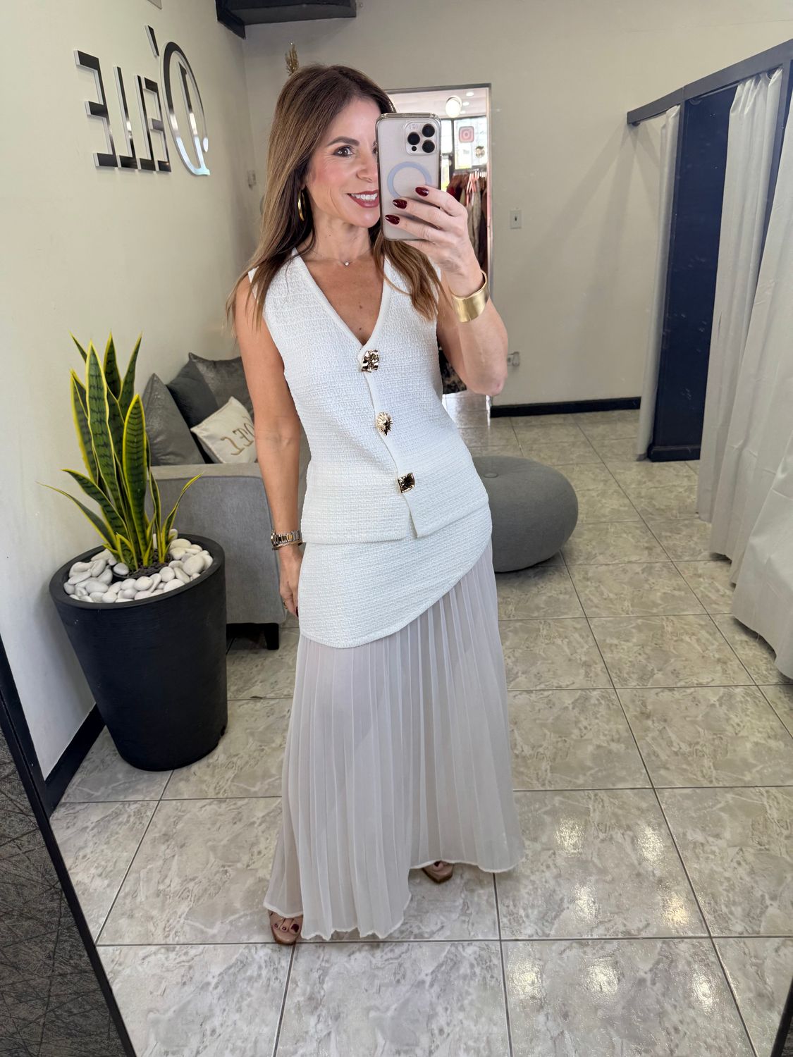 Off White Maxi Skirt And Vest Set