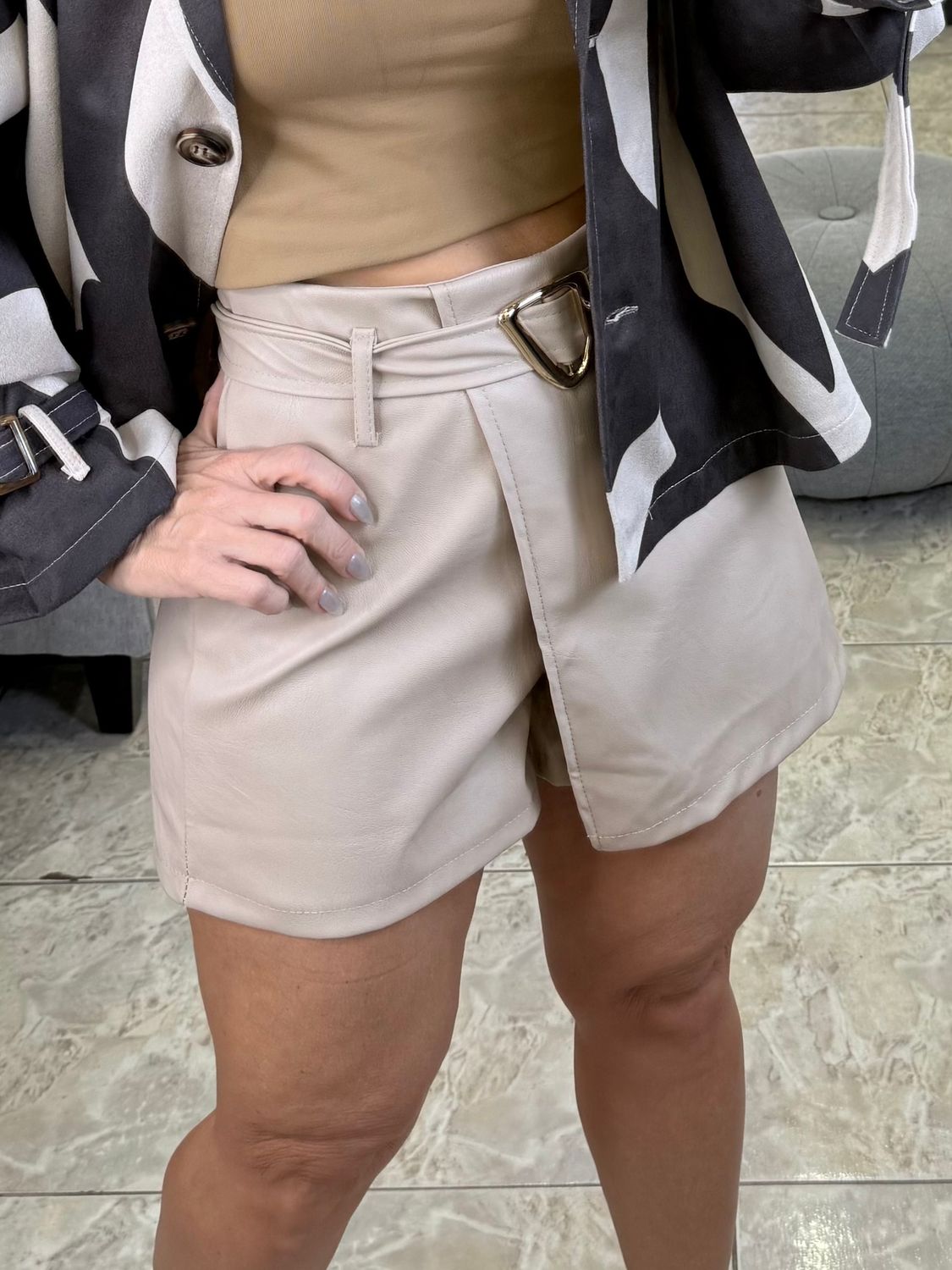 Beige Belted Leather Shorts 