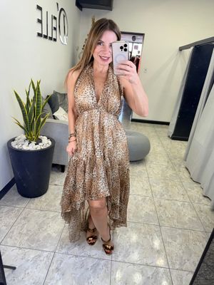 Brown/Beige Leopard Print High Low Dress