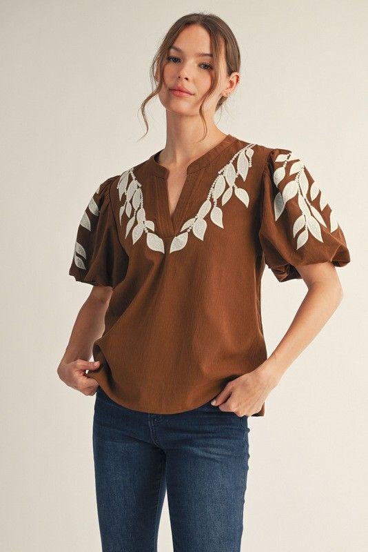 Brown Leaf Embroidered Top