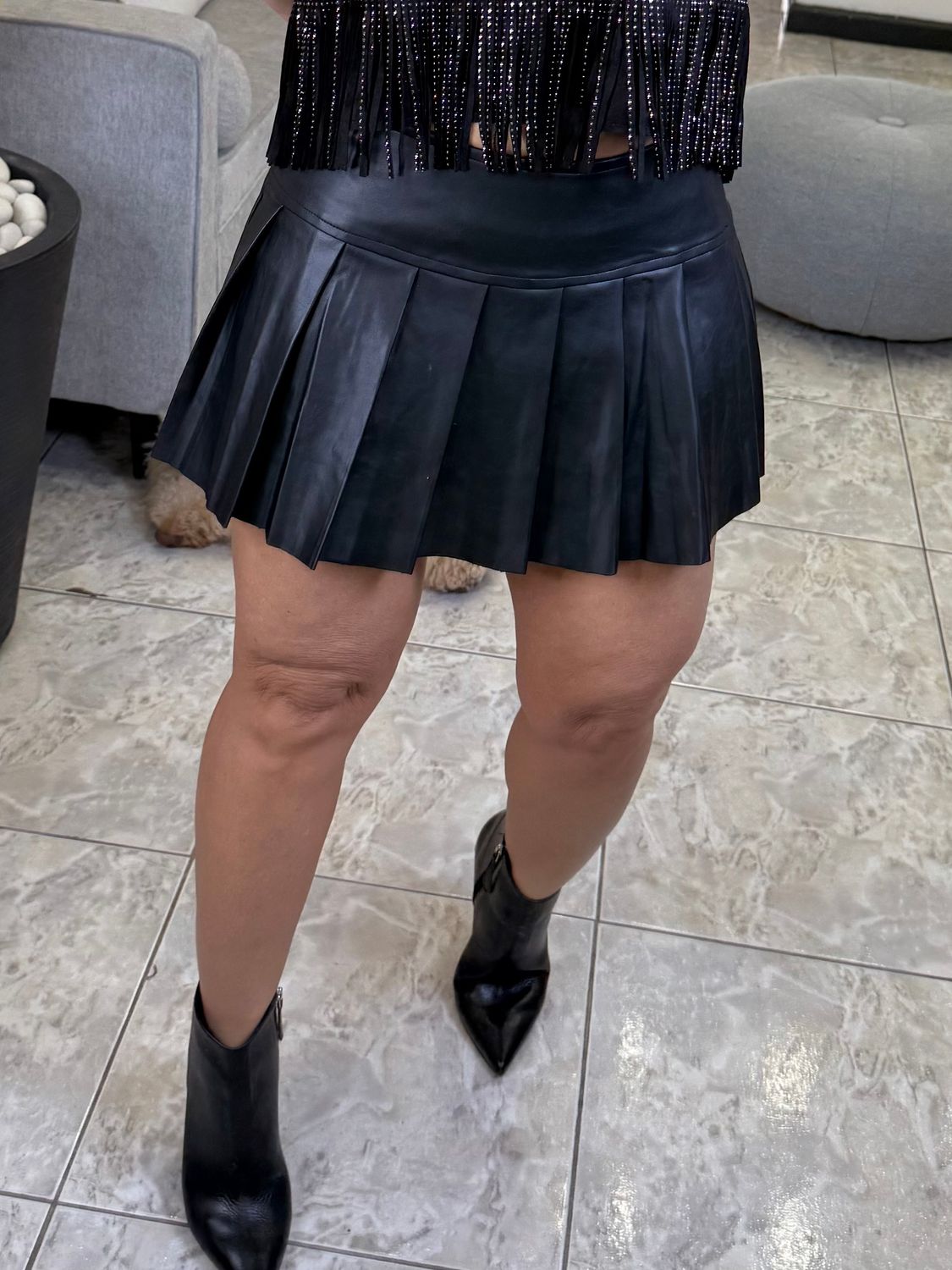 Black Leather Side Zipper Skort