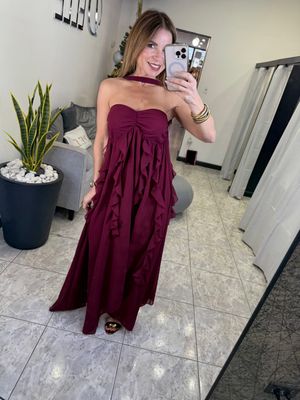 Plum Holiday Ruffle High-Low Maxi Dress 