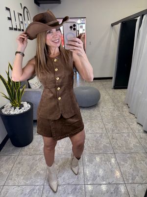 Coffee Suede Vest And Skort Set